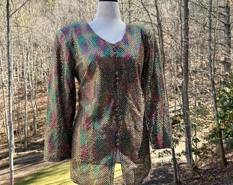 Vintage 80s Sequin Tunic Top | Rainbow Metallic Disco Blouse, Size L