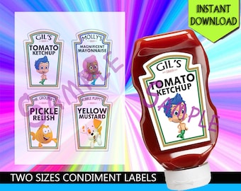 Bubble Guppies Gil, Molly, Mr. Grouper, and Bubble Puppy, Heinz Condiment Bottle Labels Party Decoration - Instant Download