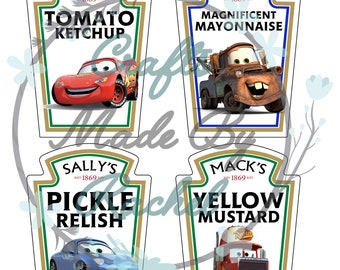 Autos - Lightning McQueen-, Mater-, Sally-, Flo- und Mack Heinz-Gewürzetiketten