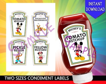 Mickey, Minnie, Pluto, Goofy, Heinz Condiment Bottle Labels Party Decoration - Instant Download