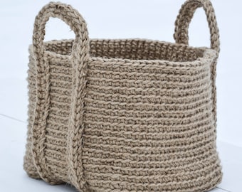 Beige Small Handmade Jute Rectangle Basket, large crochet organizer,  bathroom storage, home decor, raw, natural, rustic, jute twine bin