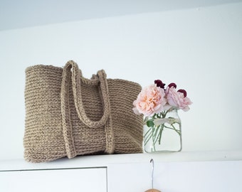 handmade jute rectangular tote,large crochet bag,raw,natural, rustic,boho,double organic jute twine