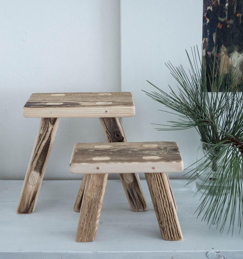 set of 2 handmade wooden stools,milking,spruce barn wood,bathroom furniture,decor,old wood,raw, cute home decoration, minimalism image 1
