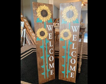 WELCOME SIGN, Vertical Wooden Sign, Welcome Sign For Front Porch, Sunflower Welcome Sign, Spring Flower Welcome Sign, Rustic Welcome Sign