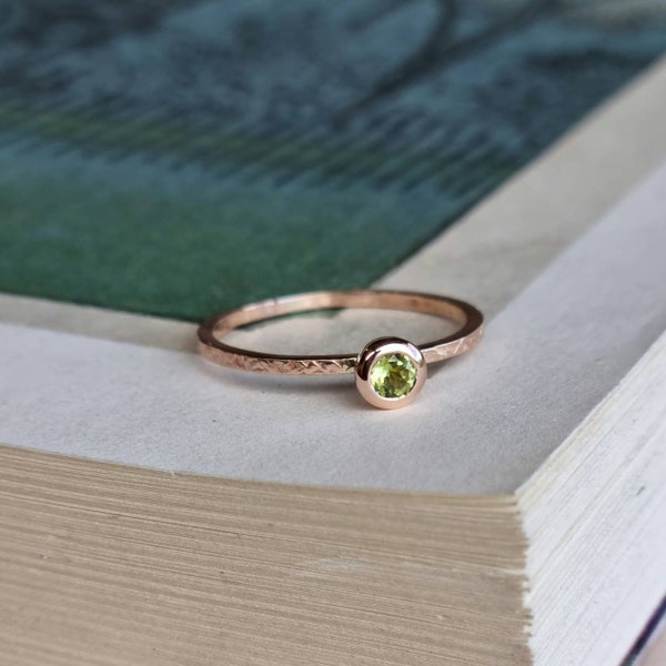 Peridot August birthstone 9ct recycled yellow, white or rose gold 3mm gemstone stacking ring
