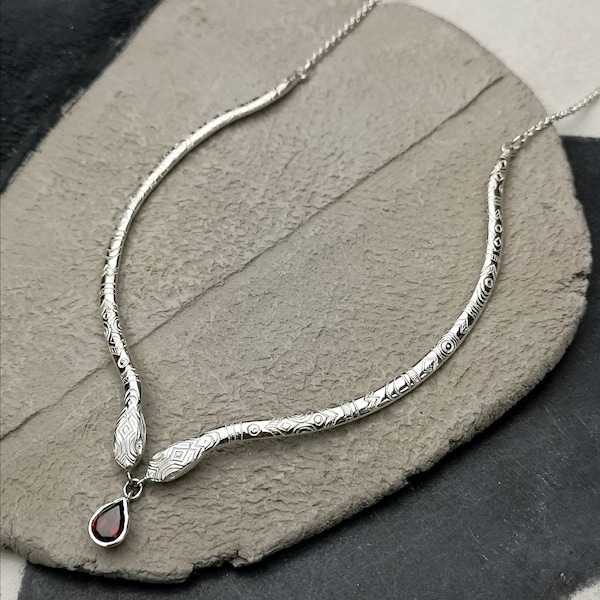 Silver Snake collar necklace with pear cut gemstone