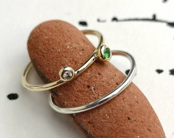 Emerald and diamond skinny solid 9ct recycled gold satellite stacking ring