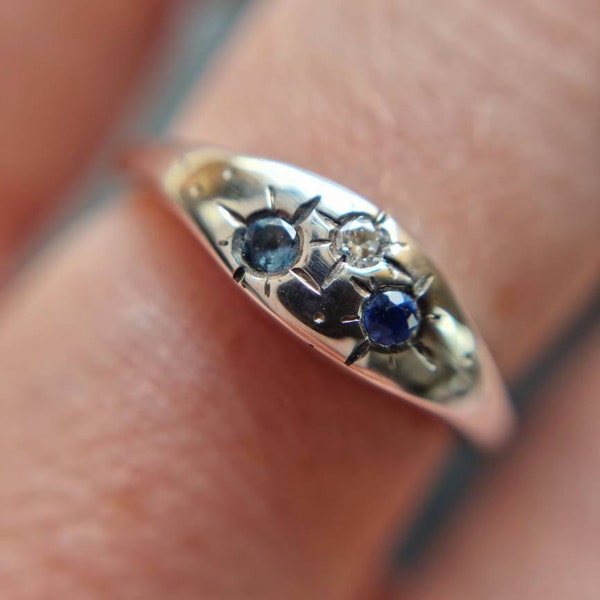 Triple Birthstone engraved recycled silver celestial ring