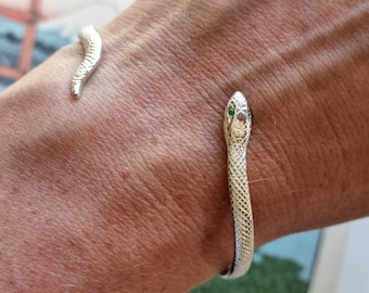 Solid silver and Emerald engraved snake cuff bracelet