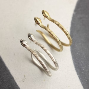 Engraved snake hoop earrings, silver or gold plated