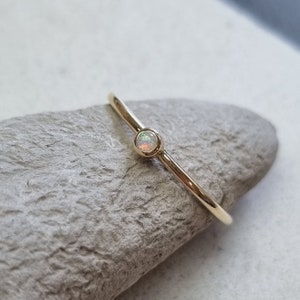 Opal October birthstone 9ct or 14ct recycled yellow or white gold skinny gemstone stacking ring