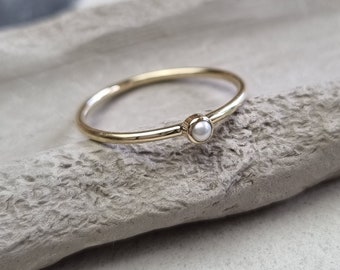 Pearl June birthstone 9ct or 14ct recycled yellow or white gold skinny gemstone stacking ring