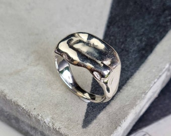 Molten texture chunky unisex silver statement ring