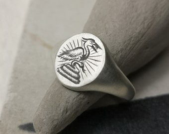 Unisex Solid Silver Heron and snake engraved signet ring