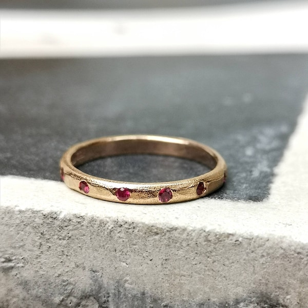Ruby solid 9ct Gold organic style Eternity /  wedding ring