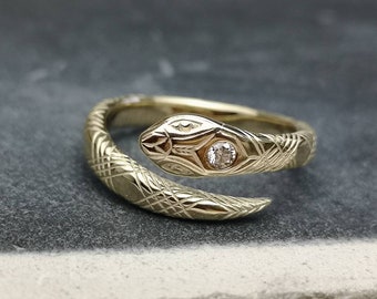 9ct gold and Diamond engraved Snake Ring