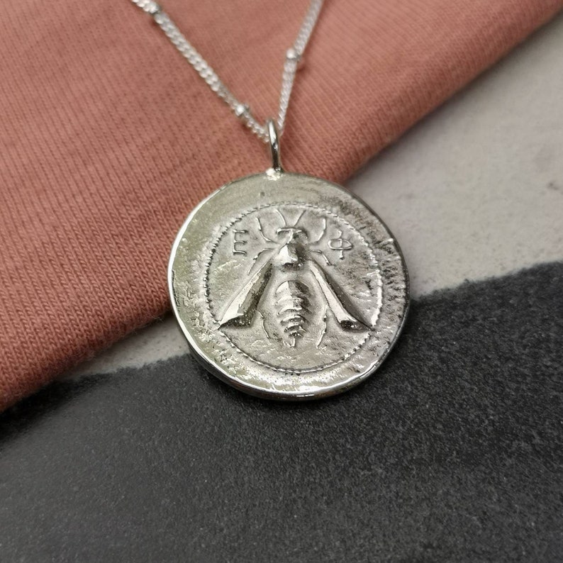 Greek coin solid silver bobble Chain necklace worker bee coin necklace relic necklace Greek coin jewellery stag Greek coin Ephesus