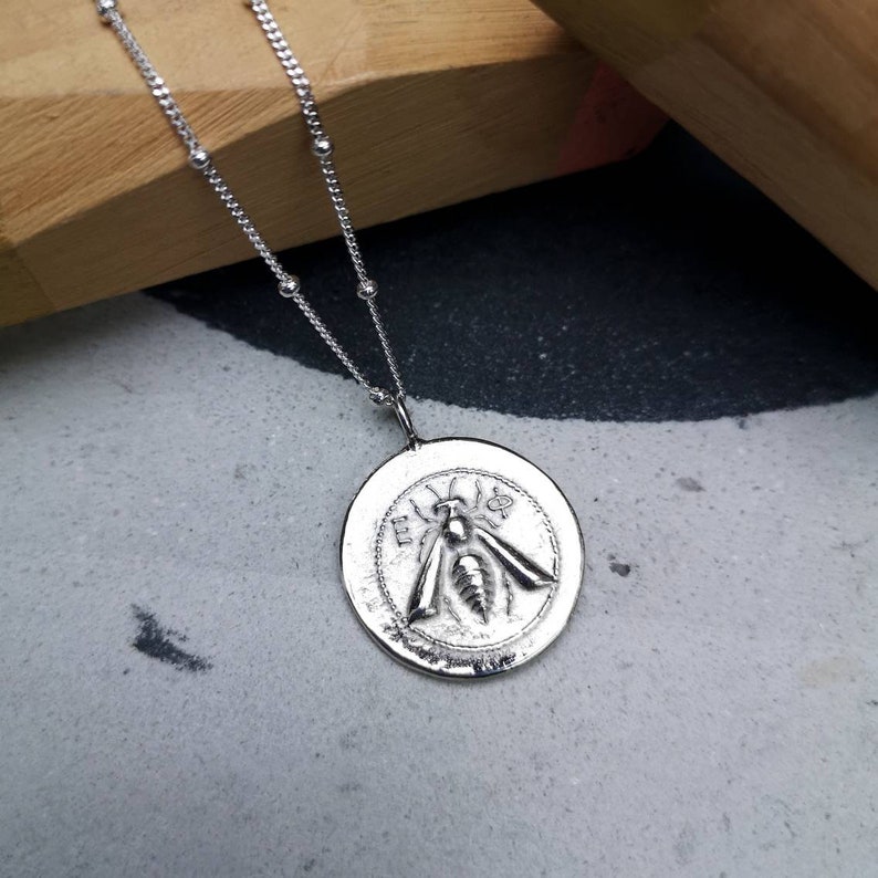 Greek coin solid silver bobble Chain necklace worker bee coin necklace relic necklace Greek coin jewellery stag Greek coin Ephesus