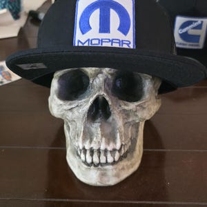 May include: A black baseball cap with a flat brim and a white square patch on the front featuring a blue Mopar logo and the text MOPAR. The cap is positioned on a realistic human skull model with visible teeth, nasal cavity, and eye sockets.