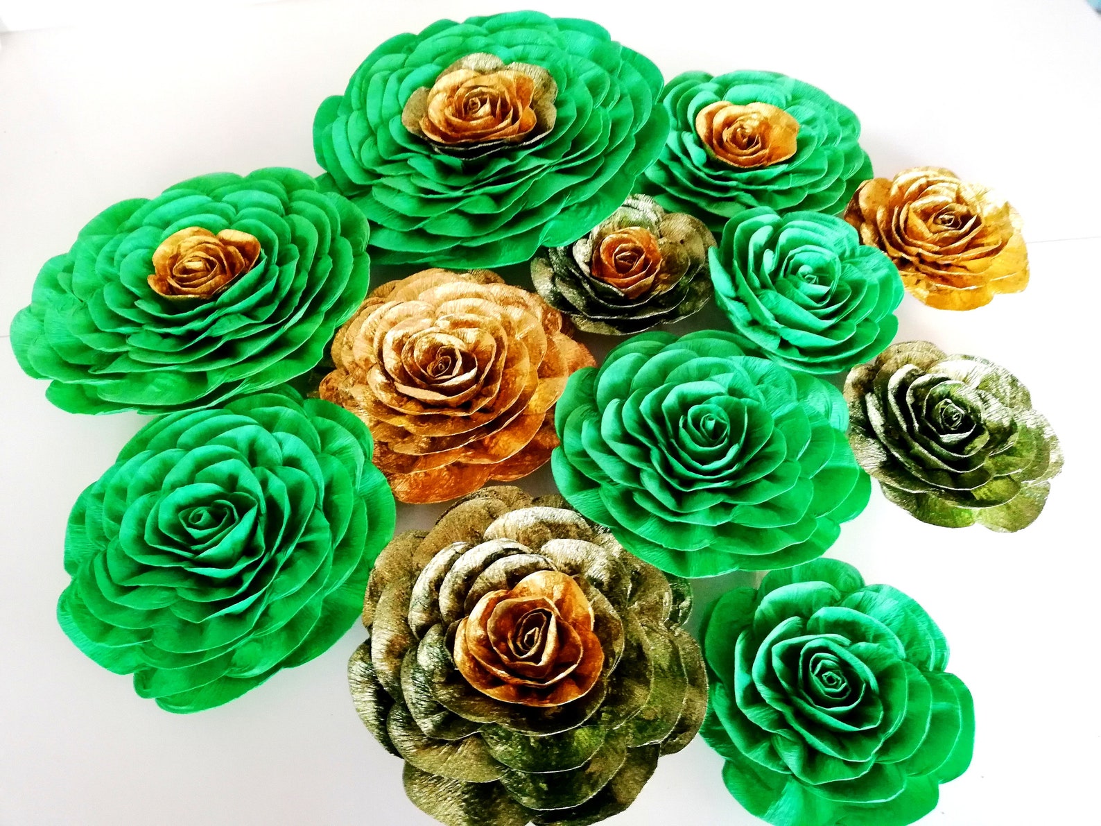 12 Large Paper Flowers Wall Decor Gold Green Emerald Wedding Etsy