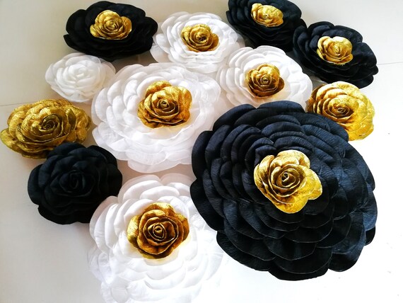 Black Gold White Large Paper Flowers wall decor Backdrop bridal baby shower Paris Art deco wedding gatsby party charro baptism boy birthday Il_570xn