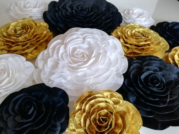 Black Gold white large paper flowers Graduation Anniversary Engagement Birthday Party Decoration paris Gatsby Theme bridal shower baby Il_570xn