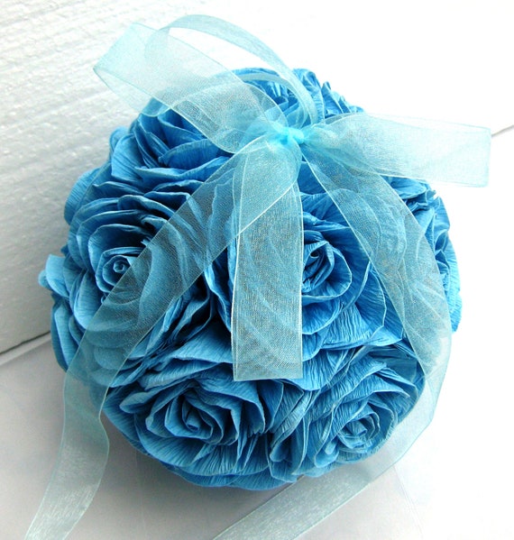 Kissing ball, crepe paper flower, flowers ball, flower girl, Sea Wedding Teal, Mermaid party decor, Caribbean aqua turquoise Blue, birthday Il_570xn