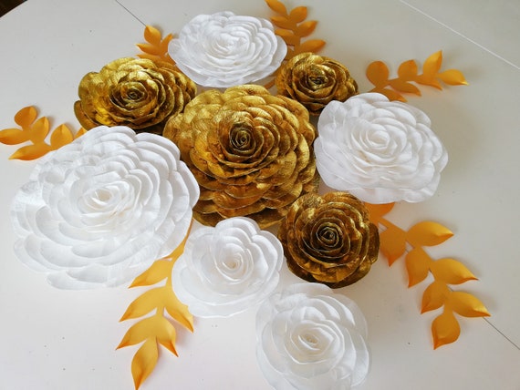 12 White Gold large paper flowers Wall decor Nursery Wedding Backdrop party decoration bridal baby shower Charro baptism table communion Il_570xn