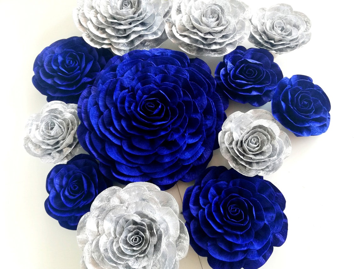 Royal Blue Silver Wall Decor Large Paper Flowers Boy Baby Etsy