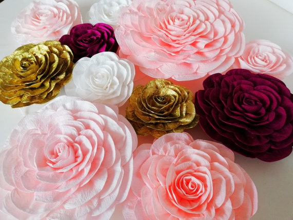 Nursery Wall Decor, Large Paper Flowers Wall Decor, Blush coral peach burgundy Marsala Pink Wedding Backdrop Party bridal girl baby shower Il_570xn