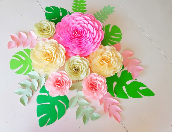 tropical large Paper Flowers Wall decor Nursery backdrop White pink room girls nursery ideas bridal baby shower Lily p wedding decor home Il_570xn