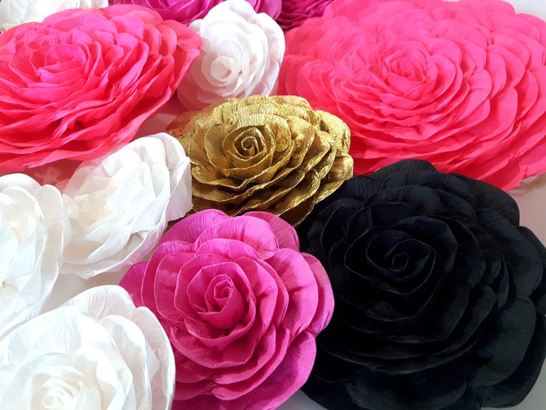 Large Paper Flowers Wall Decor Pink Gold White Black Kate Baby Etsy