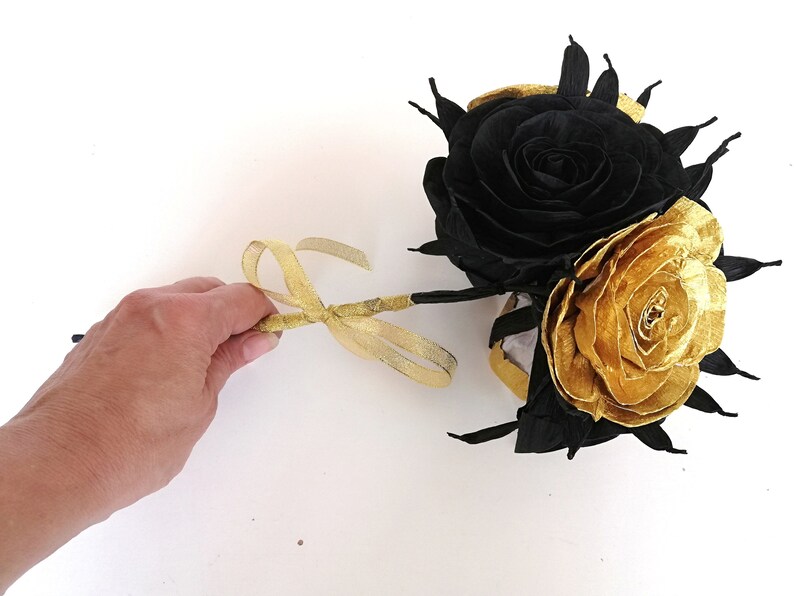 Black Gold Paper Flowers Rose Black Gold Wedding Bouquet Etsy
