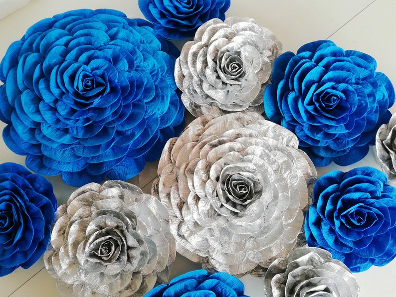 12 Large Paper Flowers Royal Navy Blue Silver Boy Baby Wall Etsy