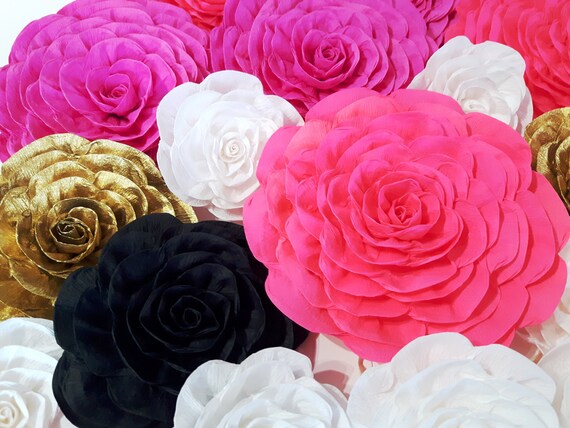 12 Pink White Black Gold Large Paper Flowers wall decor victoria pink party kate bridal baby spade shower Sweet 16 birthday Bachelorette Il_570xn