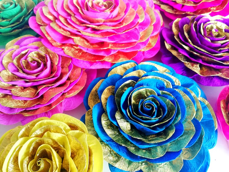 Large Paper Flowers Wall Decor Gold Bright Backdrop Party Etsy
