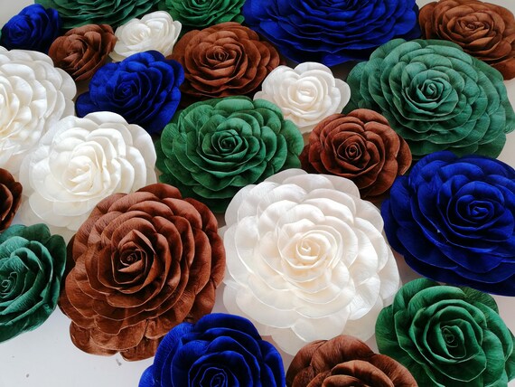10 Large Paper Flowers wall decor Green brown blue White Woodland jungle safari Decorations boy baby Shower Party Backdrop st patricks day Il_570xn