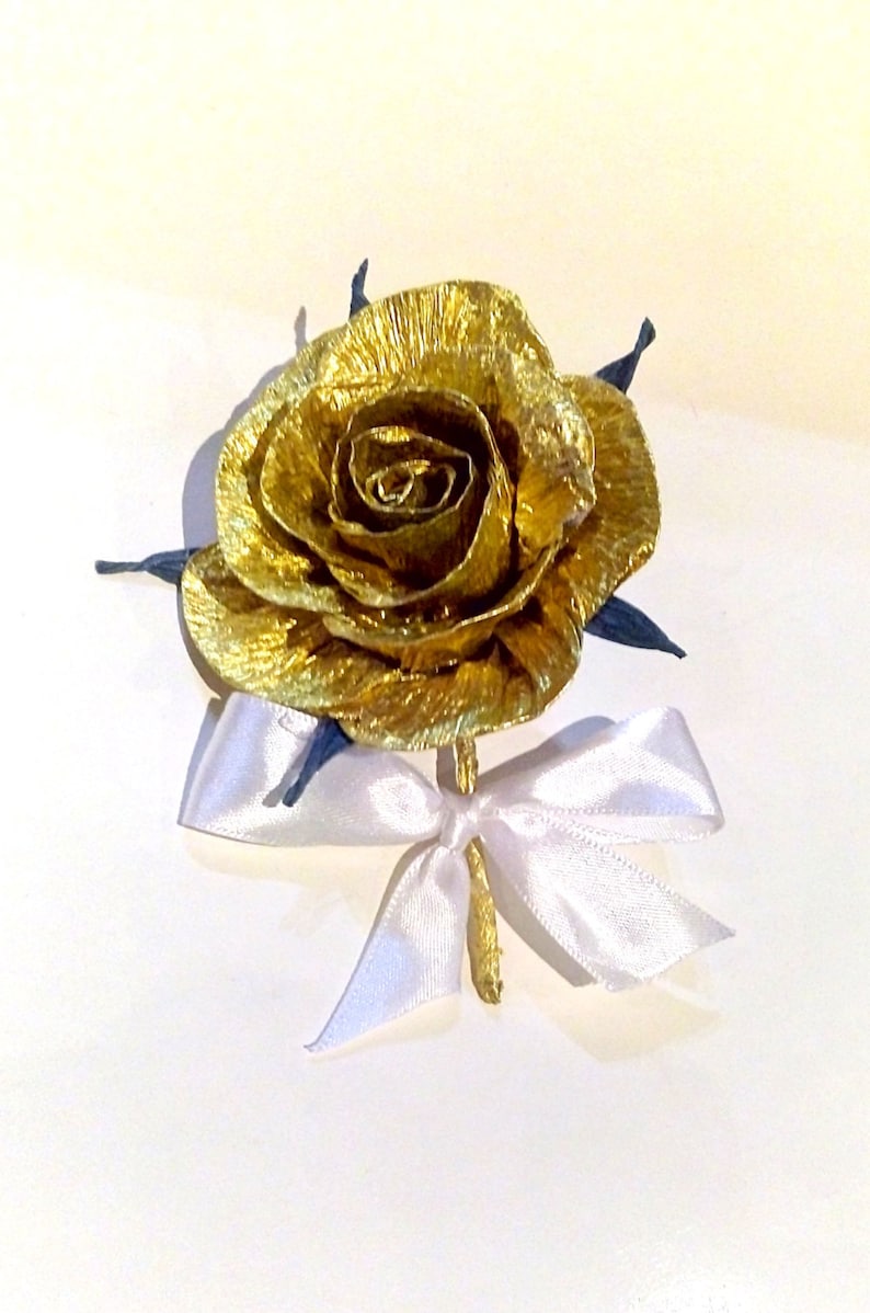 Wedding Beauty and the Beast, crepe paper roses Gold, groom boutonniere, gold corsage bridesmaids, gold baby shower, gold prom graduation 