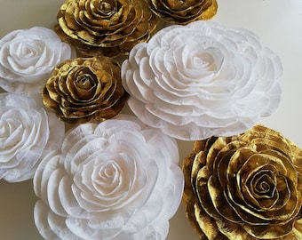 Gold White Large Paper Flowers Wall Decor Wedding Backdrop Bridal Baby Shower Vintage Party Decor girls Birthday Communion baptism