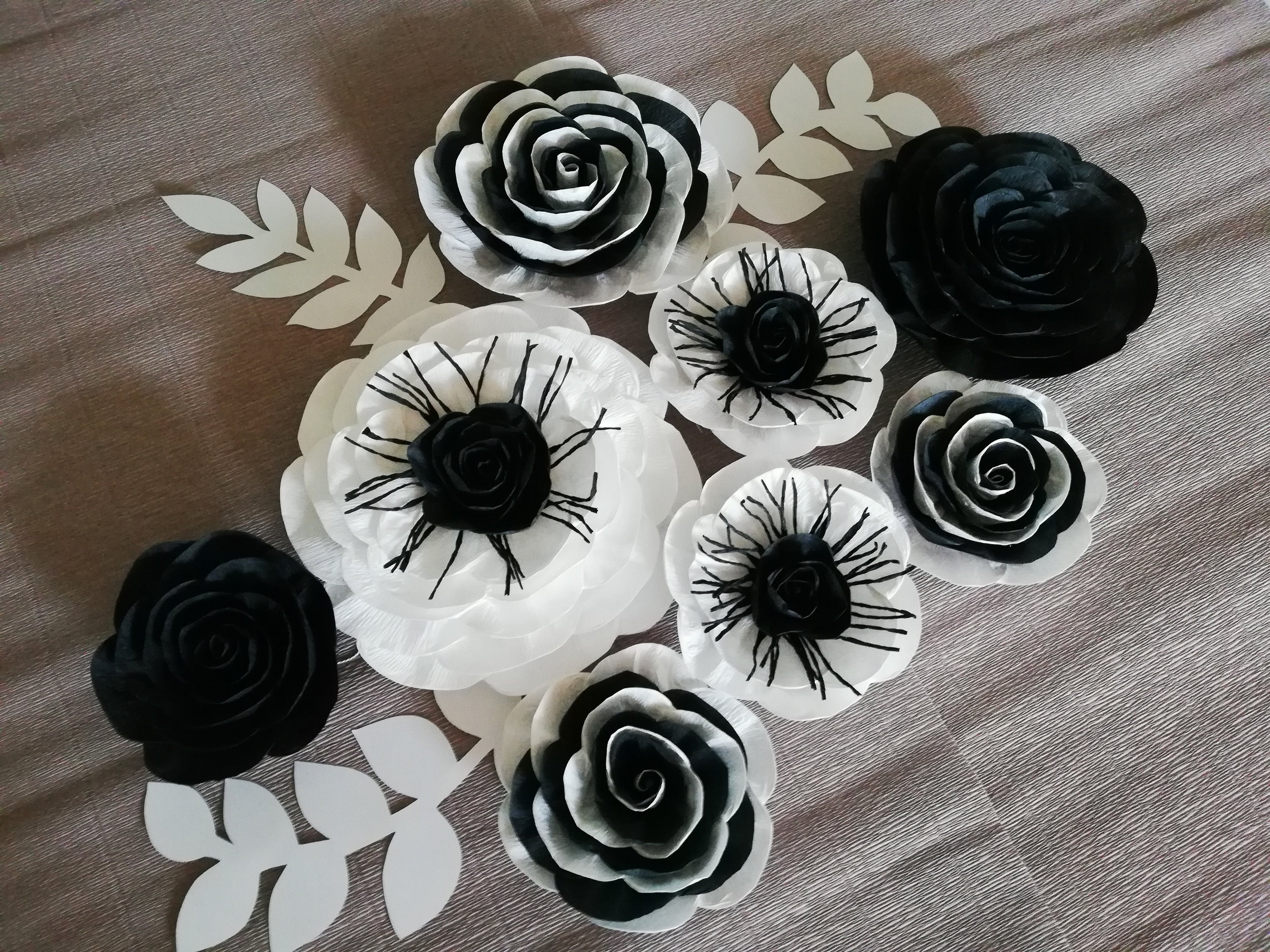 10 Black White, Large Paper Flower Wall Decor Nursery, Wedding Decor