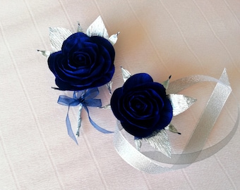 Navy Royal blue silver gold, Boutonniere, corsage, Bridesmaids, royal blue wedding, mens boutonnieres, beach wedding, denim and diamonds