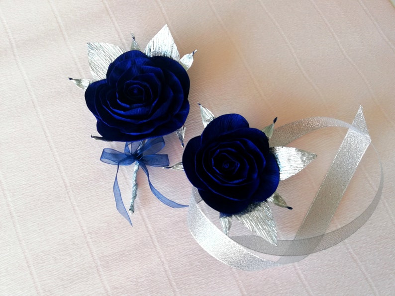 1 Navy Royal blue silver gold, Boutonniere corsage, Bridesmaids, royal blue wedding, mens boutonnieres, beach wedding, denim and diamonds 