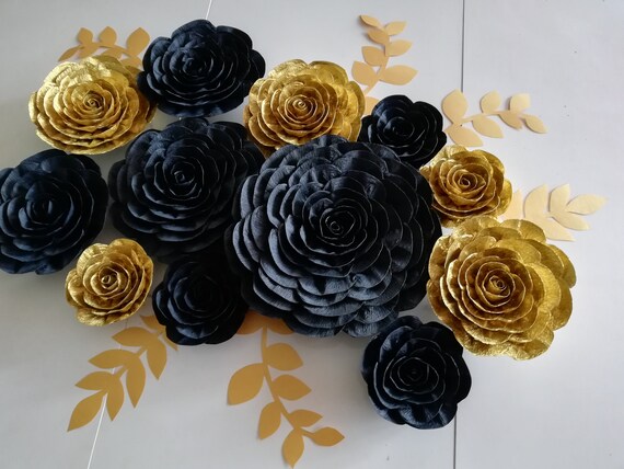 Black Gold Large Paper Flowers Wall Decor Art Deco Backdrop Gatsby Bridal Baby shower spade Birthday kate party decoration Graduation Il_570xn