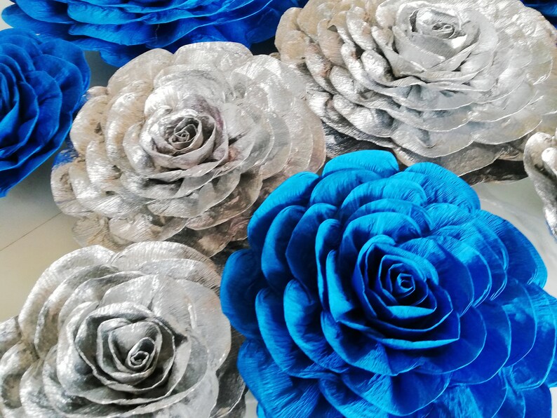 12 Large Paper Flowers Royal Navy Blue Silver Boy Baby Wall Etsy