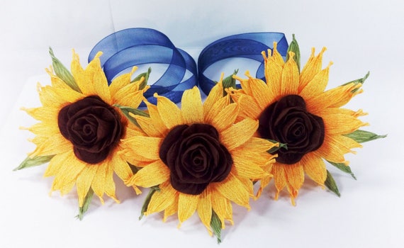 Wedding Sunflower paper garland hair Headband Flowers Crown Barn rustic Headpiece Hair Wreath Bridal sunflowers blue ribbon girl halo Il_570xn