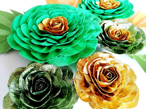 12 Large Paper Flowers Wall Decor Graduation Prom Jungle Safari Baby Shower Gold Sage Green Emerald