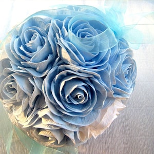 Kissing ball, flowers ball, flowers girl gift, centerpiece table baptism, boy baby shower, Wedding decor baby Blue white, crepe Paper rose