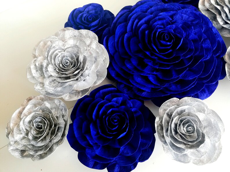 12 Large Paper Flowers Royal Navy Blue Silver Boy Baby Wall Etsy