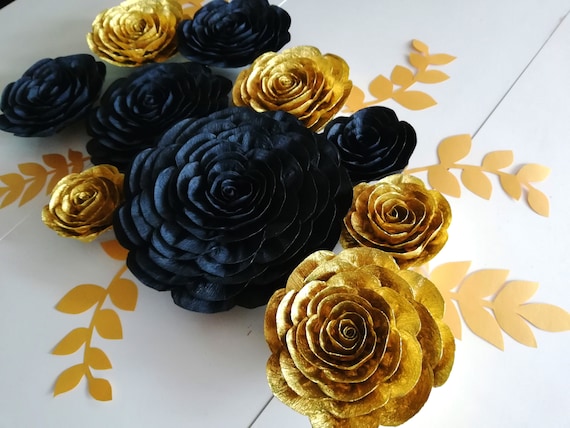 12 Large Paper Flowers wall decor black gold white baby kate shower spade bridal graduation Gatsby wedding backdrop prom Gold Black Birthday Il_570xn