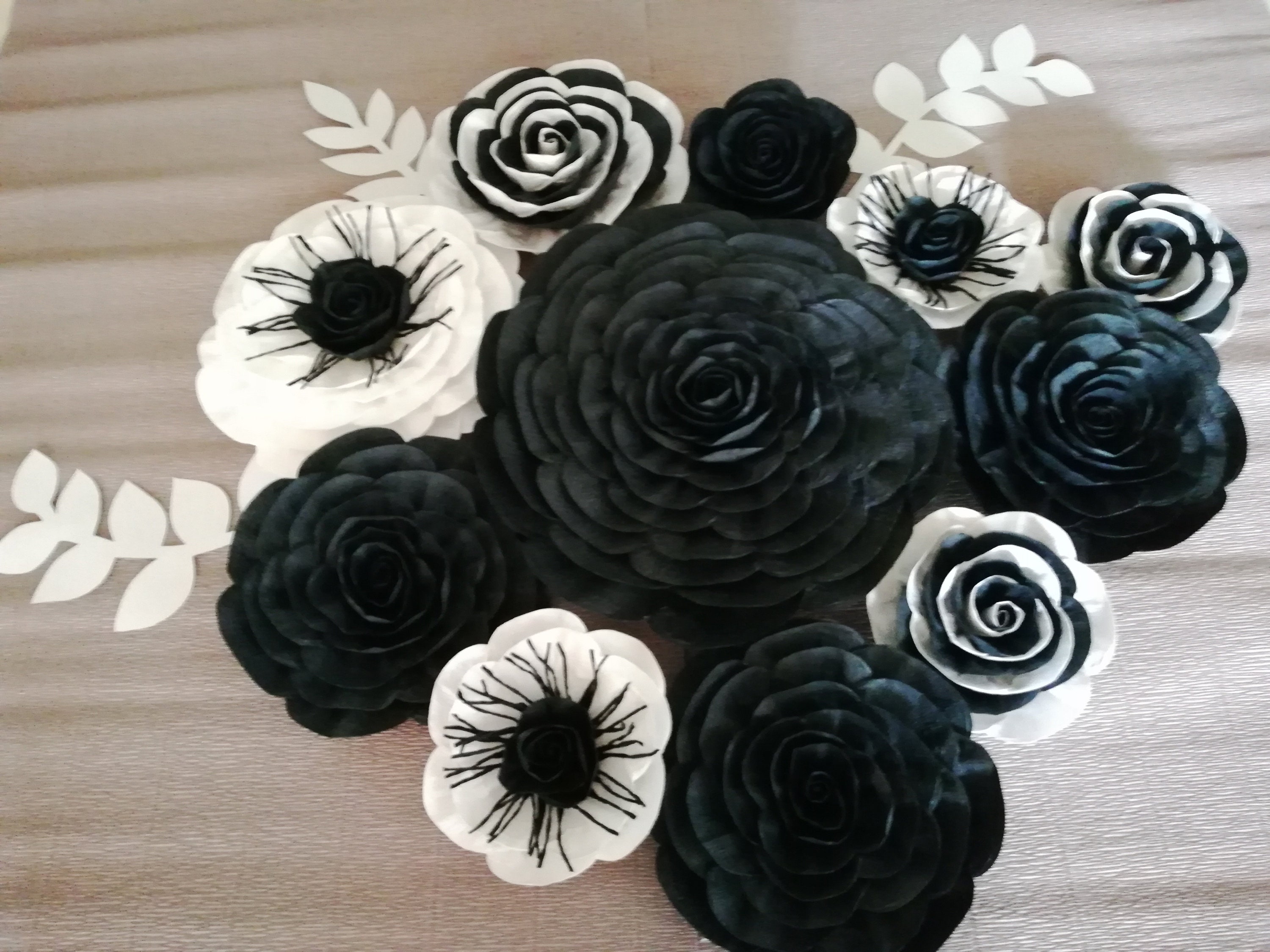 10 Black White, Large Paper Flower Wall Decor Nursery, Wedding Decor